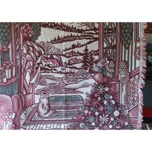 Throw Woven Blanket Cat in Window Village Winter Christmas Scene 54" x 44"